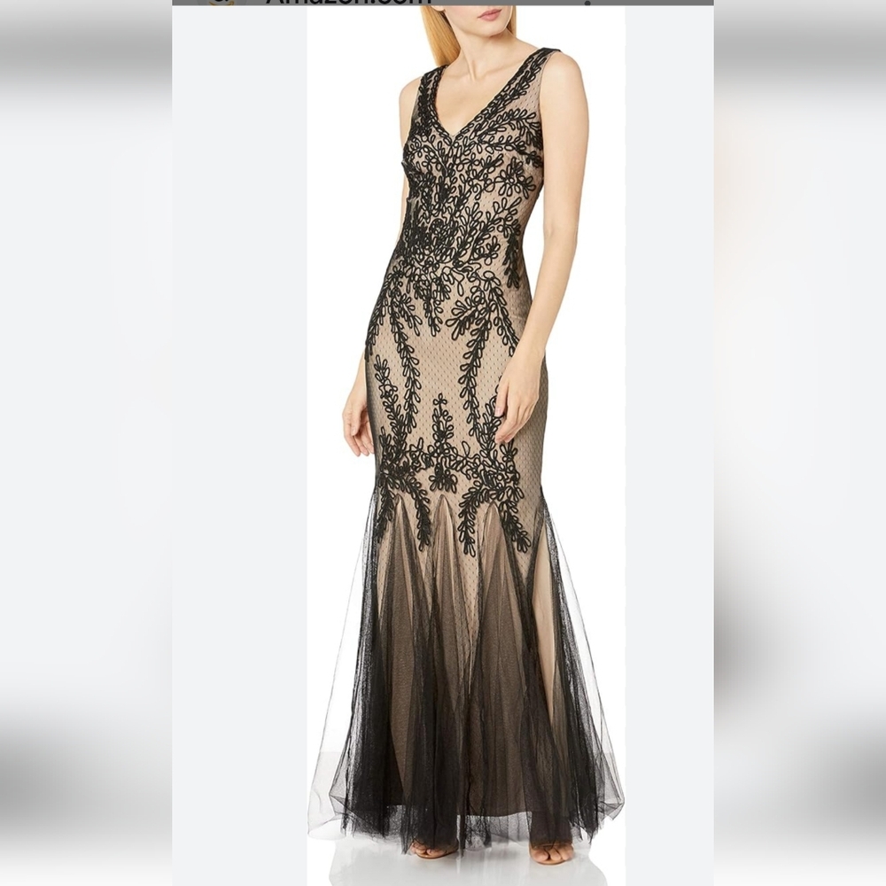 Betsy & Adam Black Lace Appliqué Nude Illusion Mermaid Gown